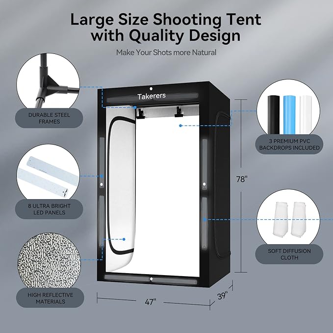 Professional Large Photo Light Box Photography Studio, Takerers 47x39x78inch LED Dimmable Shooting Tent Continuous Lighting Softbox for Clothing Photography with 3 Color Backdrops
