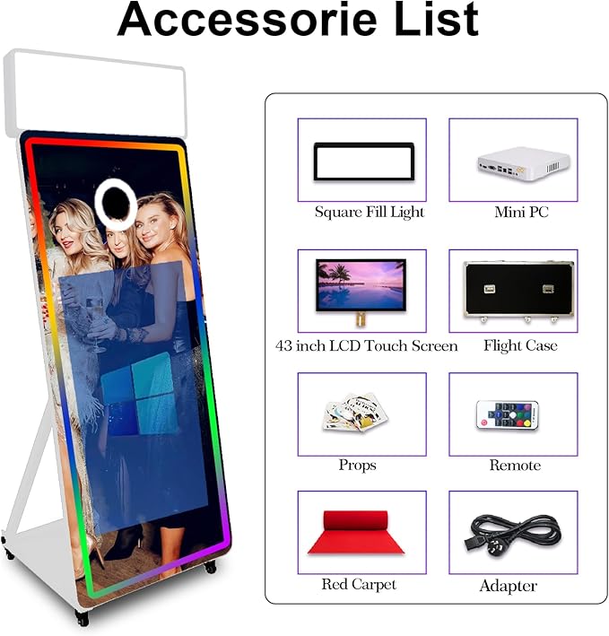 Magic Mirror Photo Booth,Mirror Photo Booth Interactive Touch Screen with Flight Case, Built-in Mini PC with Instant Print and Sharing for Event Party Wedding Rental (White, 43''Screen+Camera)