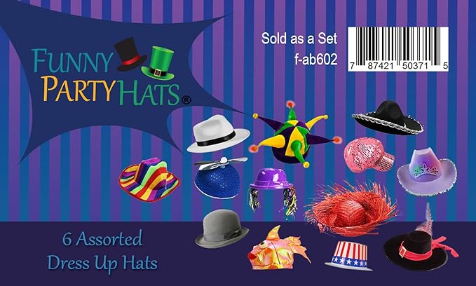 Funny Party Hats 6 Assorted Dress Up Costume & Party Hats