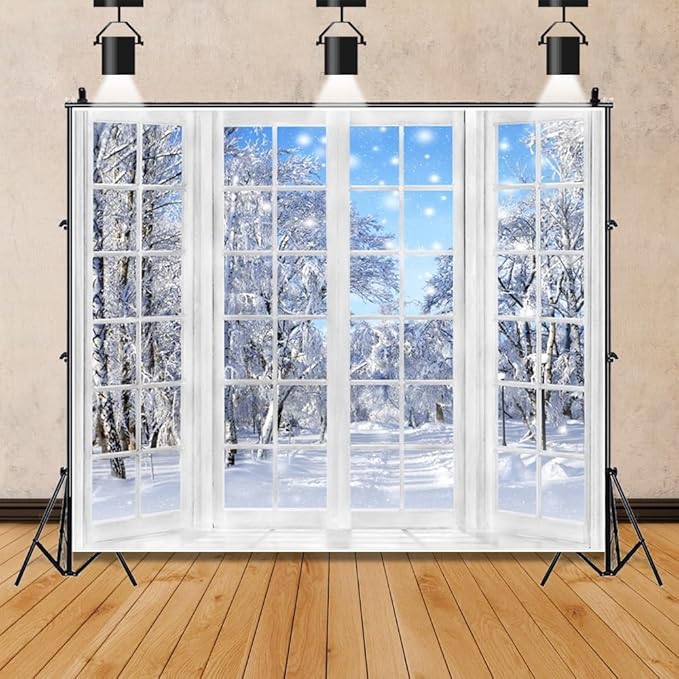 20x10ft Winter Backdrop Christmas Backdrops for Photography Window Snowy Wonderland New Year Background Family Gathering Party Banner Decorations Portrait Photo Booth Props