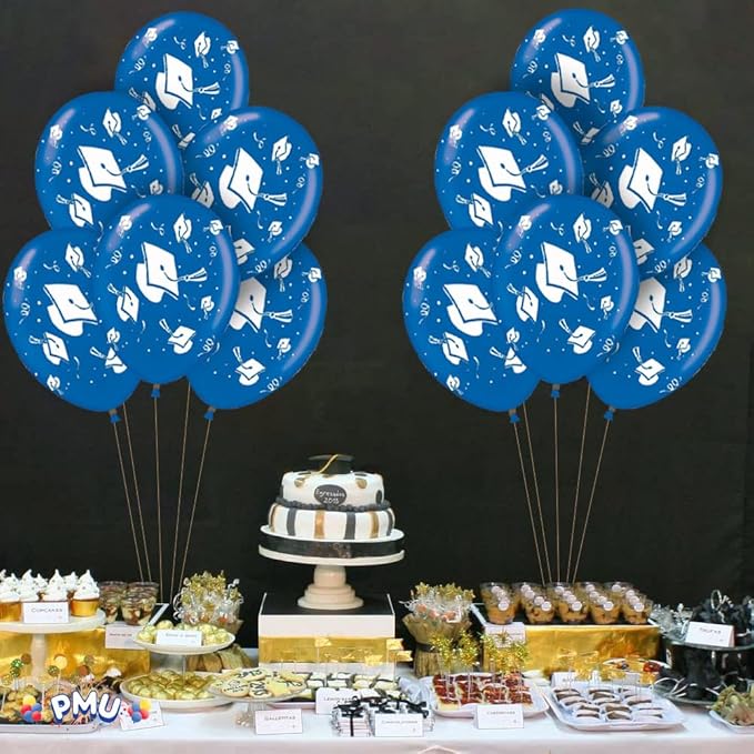 PMU 100 Pcs Blue Graduation Balloons Class of 2025 with All-Over Print White Grad Caps-Confetti and Streamers | Graduation Party Supplies | Congratulations Grad Latex Balloons Latex