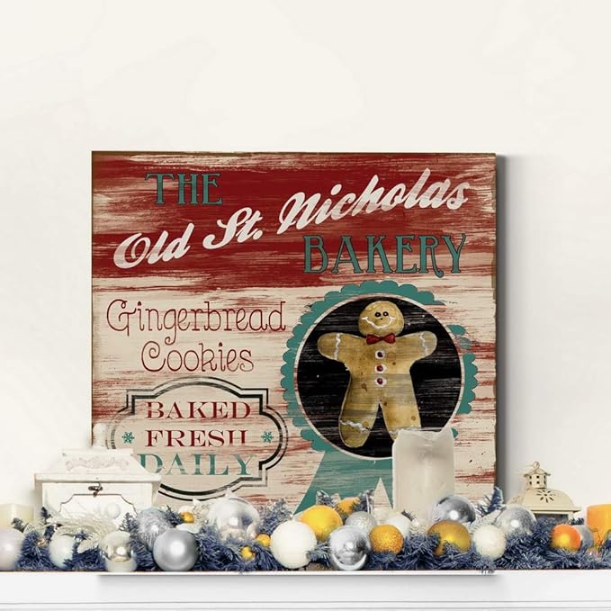 Renditions Gallery Old St. Nicholas Bakery Wall Art, Cute Christmas & Winter Decor, Vintage Faux Wood Look, Festive, Premium Gallery Wrapped Canvas, Ready to Hang, 40 in H x 40 in W, Made in America