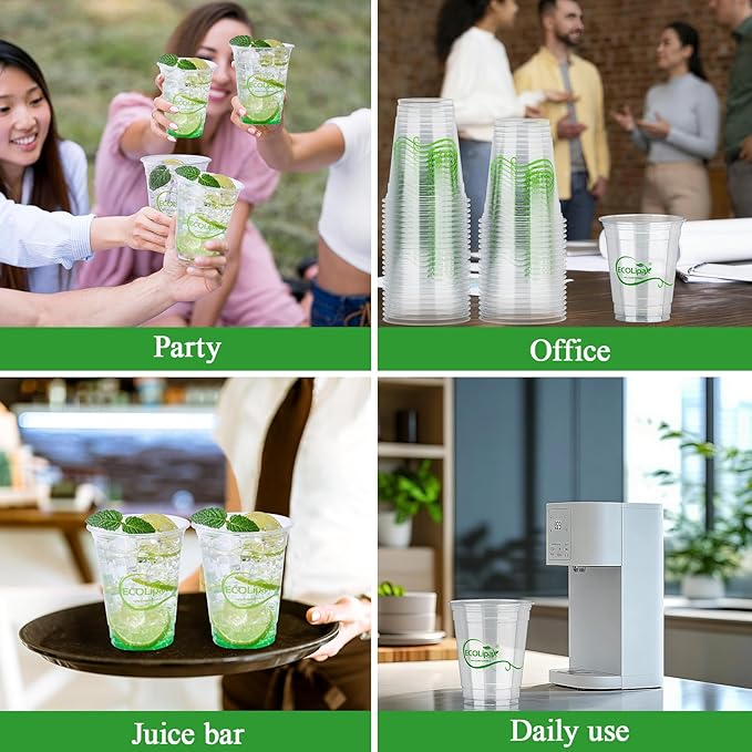 ECOLipak 1000 Count 16 OZ Clear Compostable Plastic Cups, Disposable Plant-Based Biodegradable Drinking Party Cups, PLA Plastic Cold Tumblers for Restaurant, Office, Canteen, Large Gathering