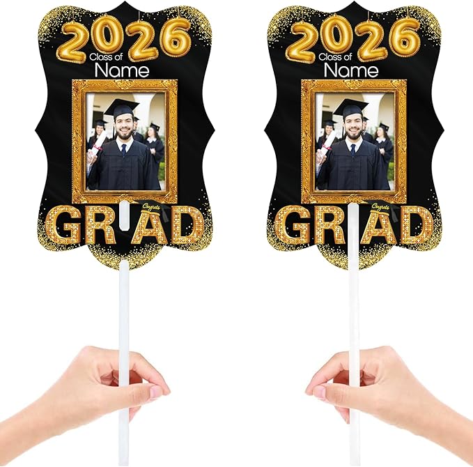 Personalized Graduation Double Sided Face Fan Class of 2026 Customized Graduation Head Face Cutout with Handle Fun Photo Prop Supplies(A-Black and Gold,12pcs)
