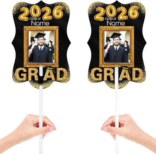 Personalized Graduation Double Sided Face Fan Class of 2026 Customized Graduation Head Face Cutout with Handle Fun Photo Prop Supplies(A-Black and Gold,12pcs)