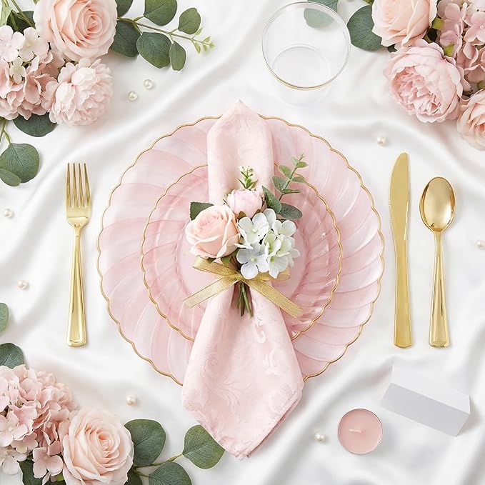 YOUBET 125Pieces Clear Pink Plastic Plates with Gold Rim - Gold Plastic Silverware Include 25 Dinner Plates 25 Dessert Plates 75 Golden Silverwares for Wedding Birthday & Parties Valentines Day