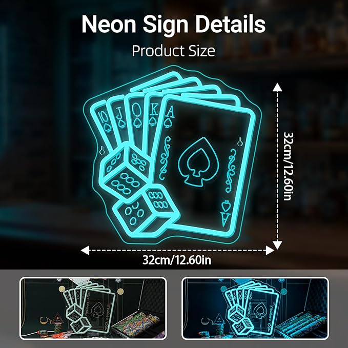 Gamerneon Blue Poker Neon Signs Dice Neon Signs Wall Decor Straight Flush Led Light for Bedrooms Bar Clubs Casinos Hotels Game Room Man Cave Party Decorations