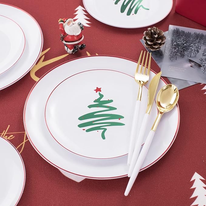 LIYH 150 Pcs Plastic Christmas Disposable Dinnerware Set, Disposable Christmas Plastic Plates with Red Rim, Gold Cutlery with White Handle, Tableware Dishes for Xmas Day 30 Guests