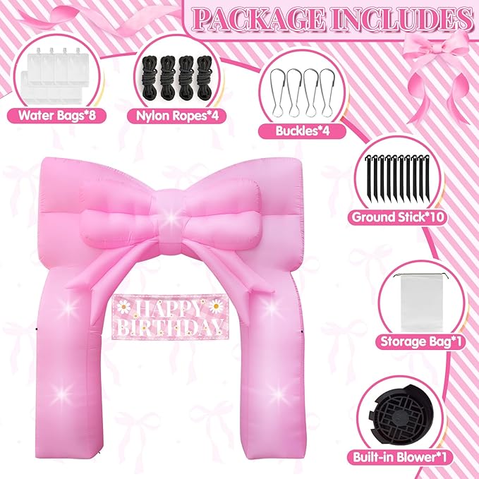 9FT Pink Bow Inflatable Arch Outdoor Decorations Giant Blow-up Pink Bow Arch Built-in 5 LED Lights for Birthday Party Decor Wedding Bachelorette Bridal Coquette Supplies for Women Yard Garden Lawn