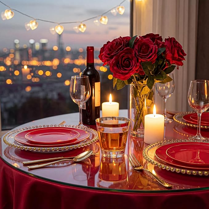 WDF 150Pcs Red Plastic Plates - Red Plates Disposable - 25Guest Christmas Dinnerware Include 25 Dinner Plate, 25 Dessert Plate, 75 Cutlery & 25 9oz Cups for Parties Valentine's Day