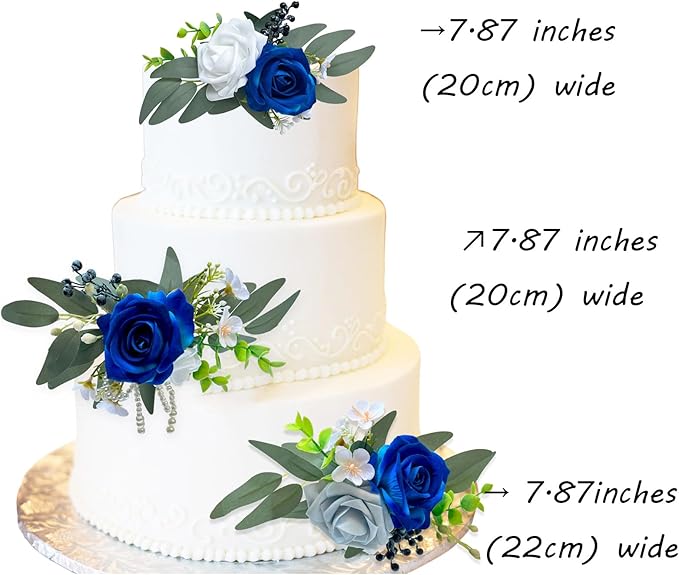 CherishedMoments 3Pcs Cake Topper Set, Wedding Artificial Flowers Decor Navy Blue Cake Topper Decorations for Wedding Ceremony Anniversary, Wedding Home Decor,Seaside Wedding