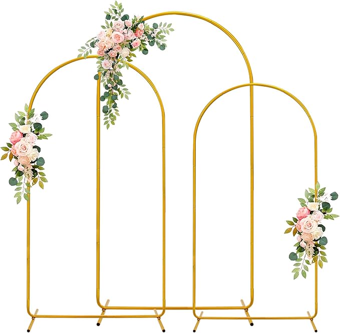 3 Pack Wedding Arch Backdrop Stand, Gold Metal Balloon Arch Stand (7.2FT, 6.6FT, 6FT), Set of 3 Arched Frame Decoration for Wedding, Birthday, Baby Shower, Party