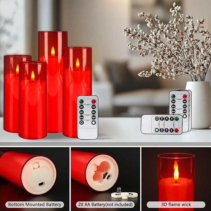 24-Pack Red Acrylic Flameless LED Candles with Remote Control - Realistic Flickering Battery - Operated Candles for Valentine's Day,Home Decor, Weddings, and Parties.