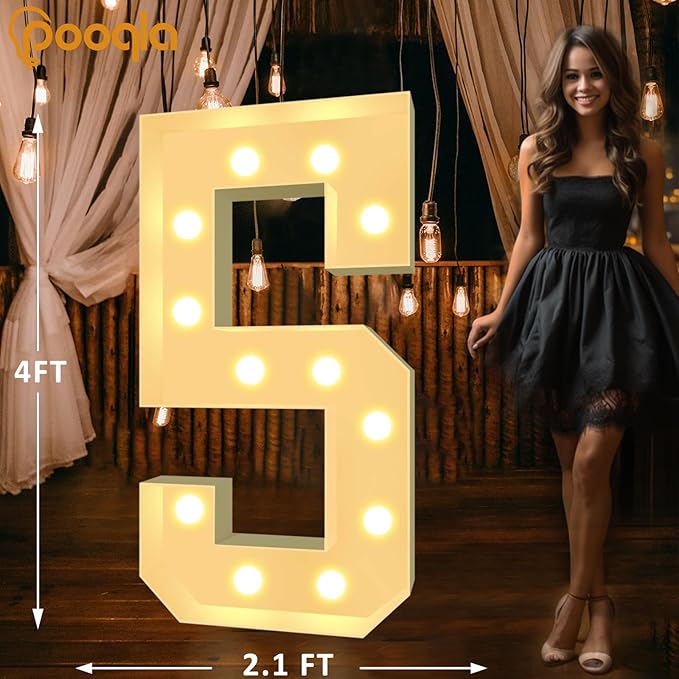 Pooqla 4 FT Light Up Marquee Numbers, LED Large Lighted Marquee Numbers, Giant Mosaic Light Up Number for Balloons 5th 15th 50th Birthday Party Decoration, Cool White and Warm White LED 5
