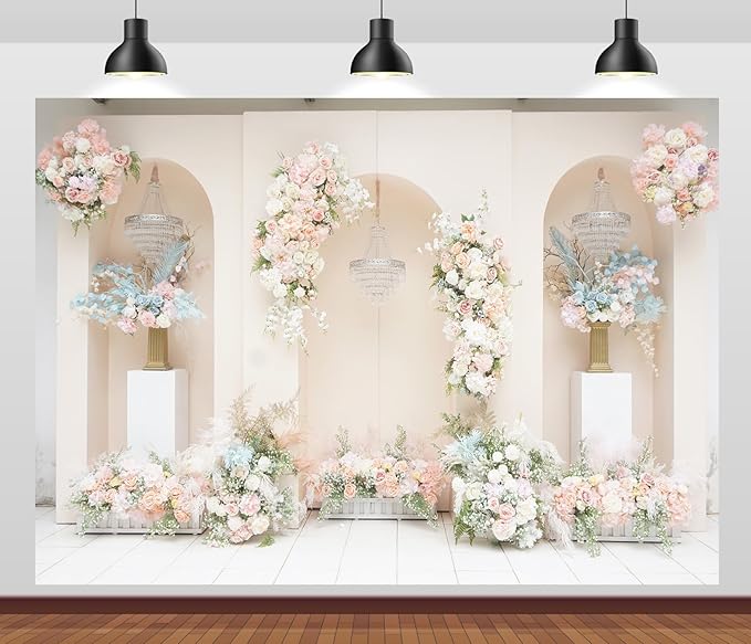 BELECO 15x10ft Fabric Wedding Backdrop Romantic Pink White Flowers Decorations with Arch Door Wedding Stage Background Bridal Shower Wedding Party Decorations Banner Photoshoot Props