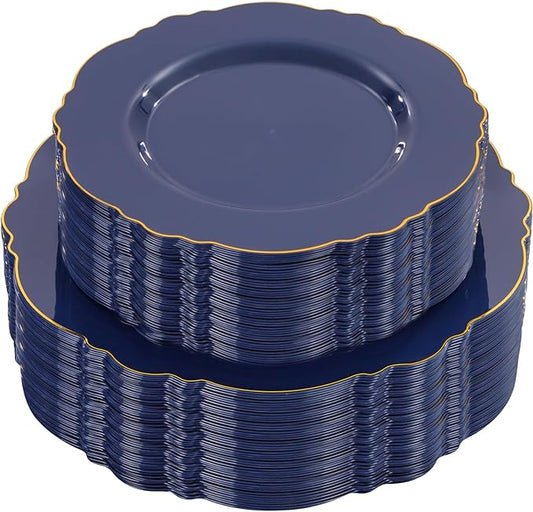 WDF 100pcs Blue Plastic Plates - Baroque Blue&Gold Disposable Plates for Parties/Wedding-50Plastic Dinner Plates 10.25in, 50Salad Plates 7.5in for Party/Birthday/Wedding