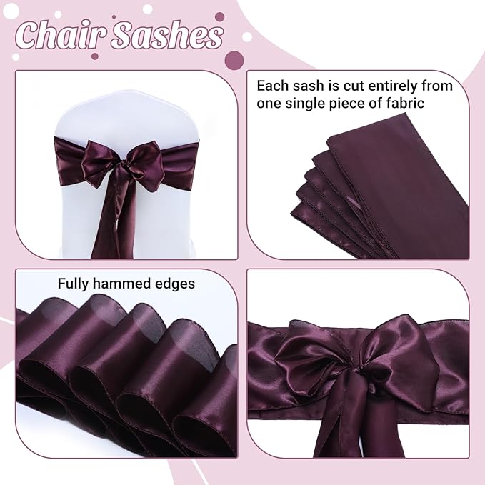 VDS Satin Chair Sashes Chair Cover Back Tie Sateen Bows Ribbon for Wedding Birthday Graduation Engagement Ceremony Event Party Banquet Venue Hotel All Dining Chair Decoration (200PC) (Plum)