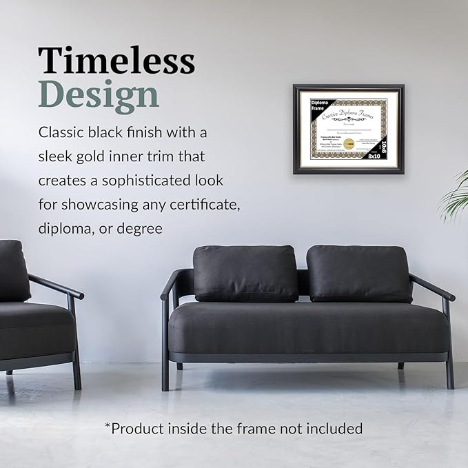 Creative Picture Frames 8" x 10" Rockefeller Black with Gold Rim Diploma Frame, Displays 8" x 10" Certificate or 10" x 12" Document without Mat, College Degree Frame, Full-Strength Glass, White Mat