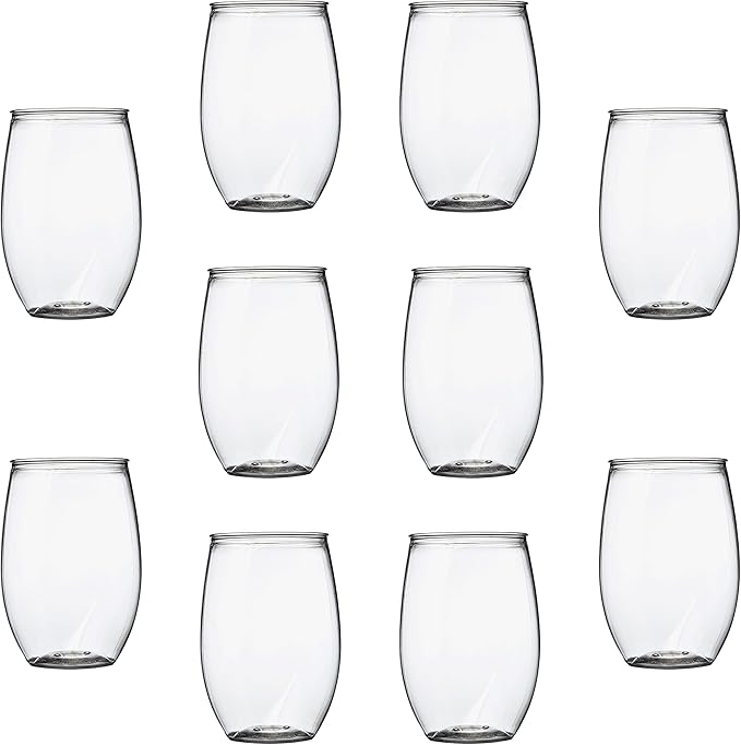 Plastic Stemless Wine Glasses 16 oz. Set of 10, Bulk Pack - BPA Free, Great for Outdoor Lounges, Poolside, Parties and Other Events - Clear