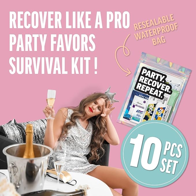 Hangover Kit – 10pc Pre-Filled Bags with Hydration & Recovery Items – Girls Trip Favors, Bachelorette Gifts, 21st Birthday Celebration Essentials, Wedding Weekend Party Must-Haves (10-Pack)