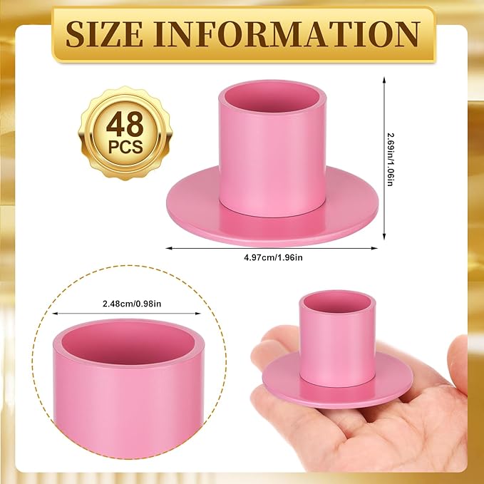 48 Pcs Taper Candle Holders Bulk for Wedding Pillar Candles Metal Taper Candlesticks Holders Centerpieces Short Candle Stick Dinner Decor for Party Anniversary Dinning Table Gift (48, Pink)