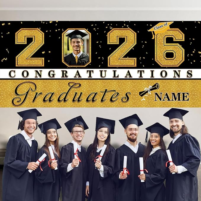Custom Graduation Garage Door Banner Decoration 7x16ft with Photo Congrats Garage Door Cover 2026 Party Photo Booth Backdrop Party Supplies(Gold)