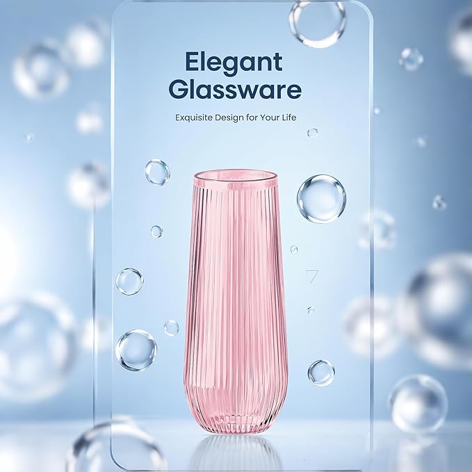 48 Pack Plastic Ribbed Champagne Flutes, 9 Oz Stemless Disposable Pink Clear Plastic Toasting Glasses Shatterproof Recyclable and BPA-Free Perfect For Wedding