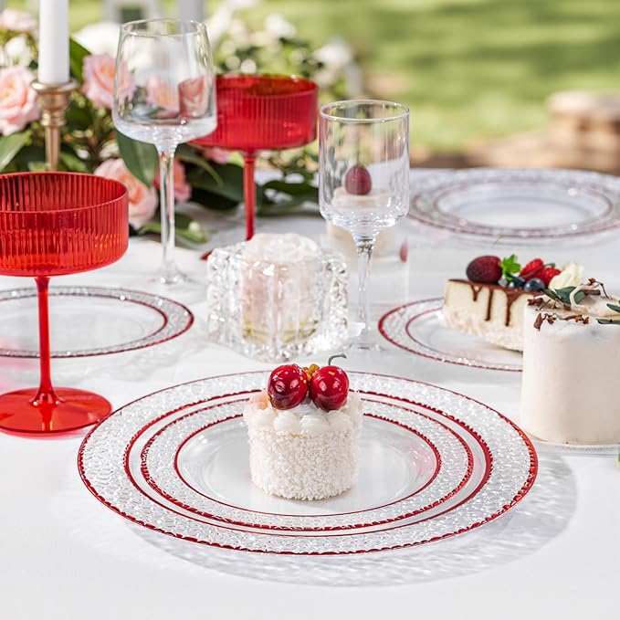 Ciaell 150 PCS Red Plastic Plates – Clear Hammered Disposable Plates with Red Rim include 50Plates, 25Forks, 25Knives, 25Spoons, 25Cups for Wedding & Party & Anniversary & Valentine's Day