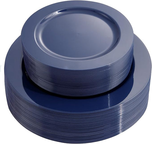 FLOWERCAT 100PCS Blue Plastic Plates - Heavy Duty Blue Disposable Plates for Possover Party/Wedding/Hanukkah - Include 50PCS 10.25inch Dinner and 50PCS 7.5inch Dessert/Salad Plates for 50 Guests