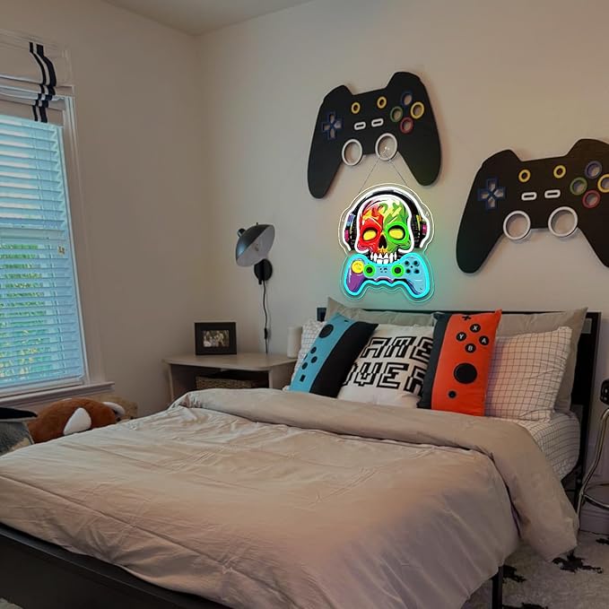Game Neon Sign Skull Neon Signs For Wall Decor Earphones Led Lights Colorful Light Up For Game Room Boy Room Decor Bar Man Cave Club Party Decoration Gaming Boys Birthday Gifts