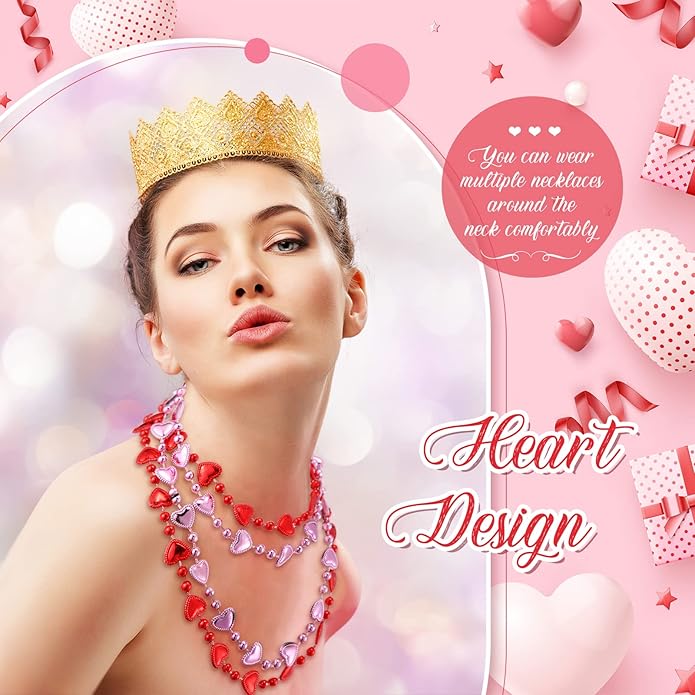 Batiyeer 100 Pieces Valentine's Day Heart Beads Necklaces Bulk Heart Shaped Beads Necklaces Gift Valentine's Day Party Jewelry Set for Parade Throws Party Favors