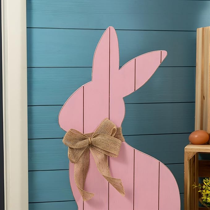 Glitzhome 24"H Easter Wooden Pink Bunny Porch Decor,Standing Porch Sign Decoration for Front Door Outdoor Spring Rustic Yard Party Garden Decor