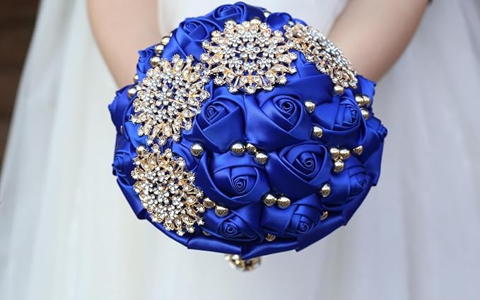 Royal Blue Bridal Wedding Bouquet with Bling Gold Rhinestone Pearl for Bride Bridesmaid Quinceanera Satin Rose Flower Brooch Bouquet Wedding Royal Blue 7.1in