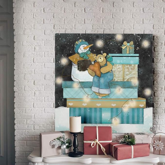 Renditions Gallery Snowman and Teddy Bear Wall (2) Art, Christmas & Winter Decor, Cute Pile of Presents, Premium Gallery Wrapped Canvas, Ready to Hang, 40 in H x 40 in W, Made in America