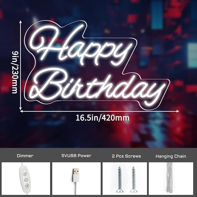 Happy Birthday Neon Sign 16 Inch Reusable Happy Birthday LED Light Up Sign with Dimmable ON/OFF Switch for Birthday Party Backdrop Decoration and Wall Decor and Birthday Gifts