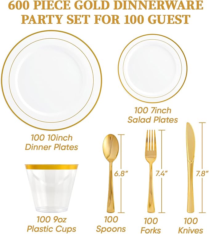 FOCUSLINE 600 Ct Gold Dinnerware Set for 100 Guests - Gold Rimmed Disposable Plastic Plates, Includes 100 Dinner & Salad Plates, Cups, Cutlery Set for Wedding Parties