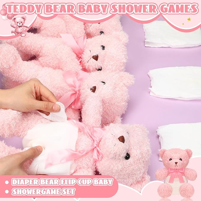 6 Sets Bear Blindfolded Diaper Changing Baby Shower Games Baby Dolls Diapers for Bridal Shower Gender Reveal Games Prizes Gifts for Adults Boys Girls (Pink)
