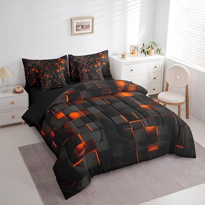 Feelyou Orange and Black Bedding Set Full Size Kids Light Geometric Comforter Set with Sheets 7 Piece Bed in a Bag forModern Bed Set with Comforter,Sheets,Pillowcases,Cushion Covers