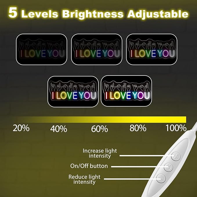 I Love You Neon Sign - 5-Level Dimmable USB Rainbow Neon Signs & Valentine's Day Decor, Ideal for Weddings, Parties, Bedrooms, Romantic Light Up Wall Art