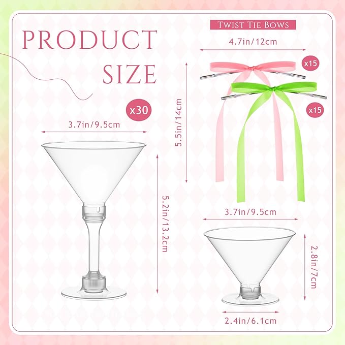 Maxdot 30 Sets A Tini Bit Older Birthday Party Supplies 5 oz Espresso Martini Glasses Plastic Mini Champagne Tower with Bows for Espresso Martini Bachelorette Decoration Tiny Bar(Pink, Green)