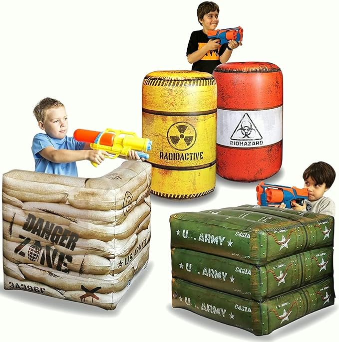 Package 8 Combat Battlefield Inflatables, Compatible Laser tag, Water Gun for Boys Birthday Party Activities and Decoration. Premiume Pack Include Water chember and Repair kit.