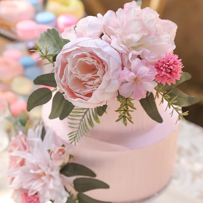 Serra Flora 3Pcs Pre-made Silk Flowers Cake Topper Wedding Artificial Flowers Decor Blusher Pink Flowers Cake Decorations for Girl Sweet Weddings Boho Party Supplies.