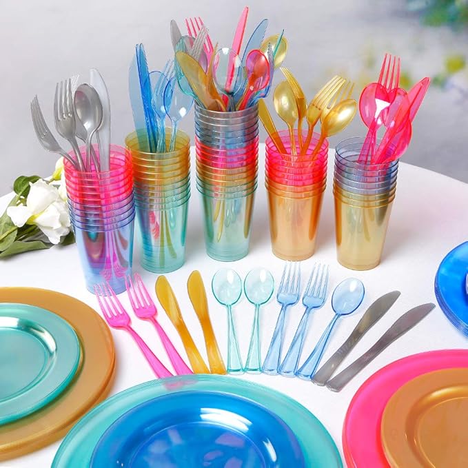 WDF 25 Guest Blue Plates with Disposable Silverware&Blue Cups-Neon Clear Plastic Dinnerware include 25 Dinner &Salad Plates,25Forks, 25 Knives, 25 Spoons,25 Cups for Graduation