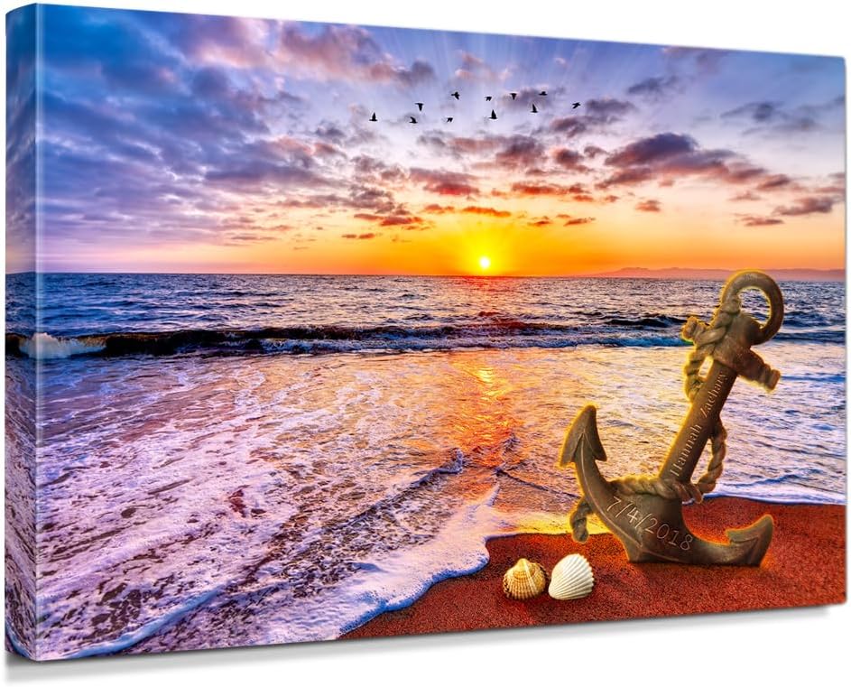 IPIC - "Anchored in Time Personalized Canvas Wall Art, Custom Beach Sunset Canvas Print with Name and Date, A Personalized Gift for Couple, Wedding, or Anniversary, Coastal Home Decor