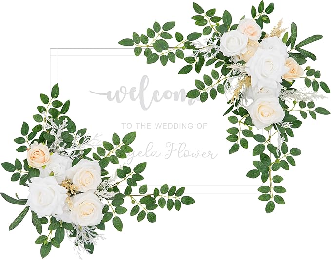 2pcs Champagne & White Deluxe Welcome Sign Artificial Flowers Wedding Backdrop Garland Hanging Floral Arrangements for Ceremony Reception Entryway Board Sweetheart Table