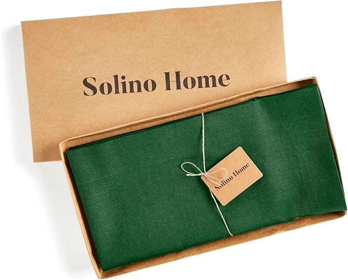 Solino Home Linen Square Tablecloth 52 x 52 Inch - 100% Pure Linen Pine Green Table Throw - Fete, Machine Washable Table Cloth