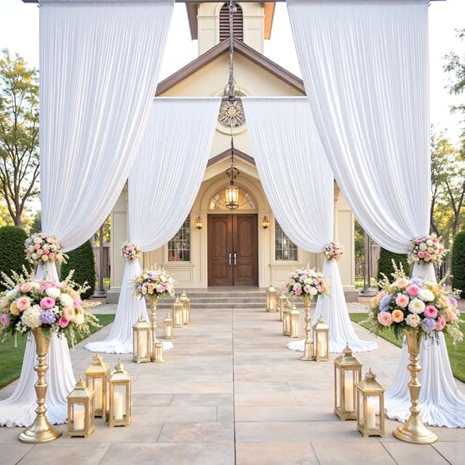 gogoparti 20x15 ft White Backdrop Curtain for Weddings & Parties - 4-Panel Wrinkle-Free Polyester Drape, 15 FT Long for Birthday, Baby Shower, Halloween Photography Background