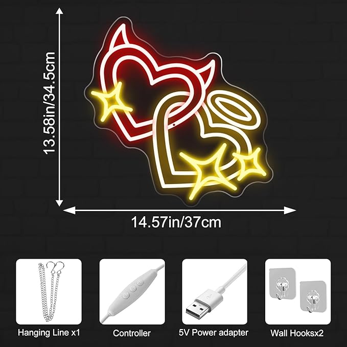 Angel and Devil Heart Neon Sign - 5-Level Dimmable USB Valentine's Day Decor & Heart Neon Signs, Ideal for Weddings, Parties, Shop Walls, Cute Bedroom Wall Art