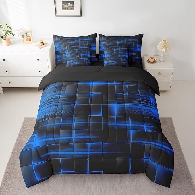 Feelyou Blue Black Bedding Set Full Size Boys Girls Geometric Strip Lines Comforter Set with Sheets 7 Piece for Bed in a Bag Abstract Modern Bed Set with Comforter,Sheets,Pillowcases