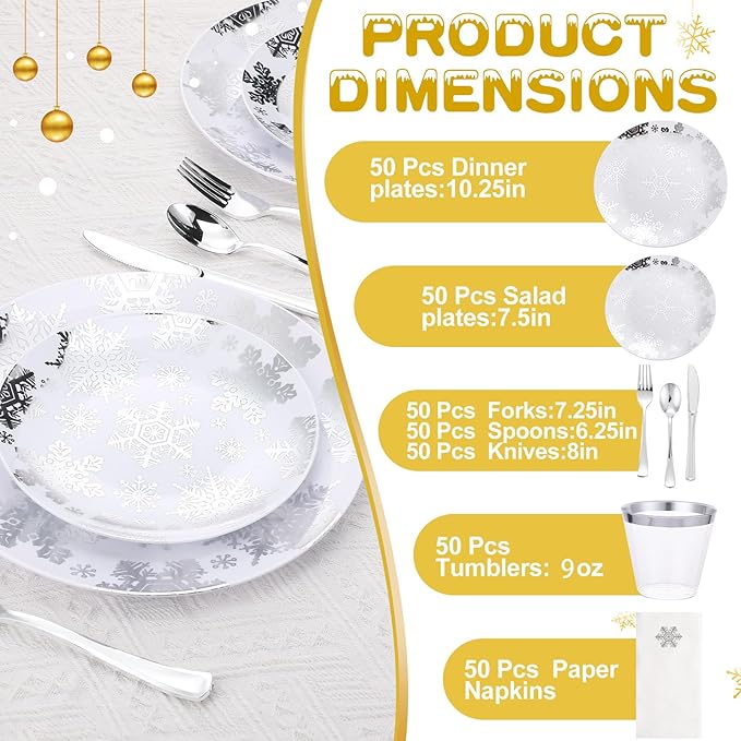 Sliner 350 Pcs Snowflake Frozen Birthday Party Supplies Disposable Tableware Set Include 7.5'' Plates 10.25'' Plates Napkins Cups Forks Knife Spoons for 50 Guests themed Holiday Party Decor(Silver)